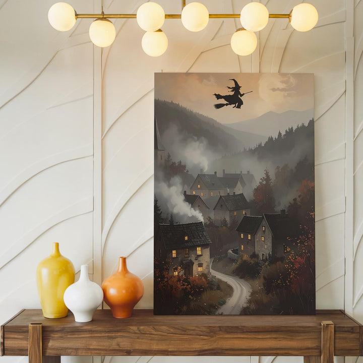 Twilight Witch Over Village Canvas – Enchanted Medieval Halloween Landscape Art - Gifitto