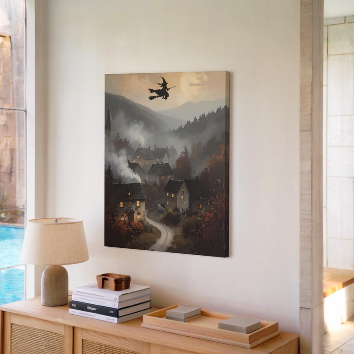 Twilight Witch Over Village Canvas – Enchanted Medieval Halloween Landscape Art - Gifitto