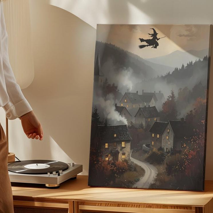 Twilight Witch Over Village Canvas – Enchanted Medieval Halloween Landscape Art - Gifitto