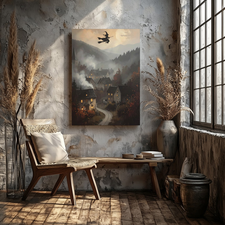 Twilight Witch Over Village Canvas – Enchanted Medieval Halloween Landscape Art - Gifitto