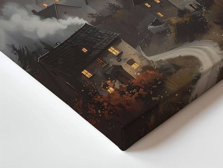 Twilight Witch Over Village Canvas – Enchanted Medieval Halloween Landscape Art - Gifitto