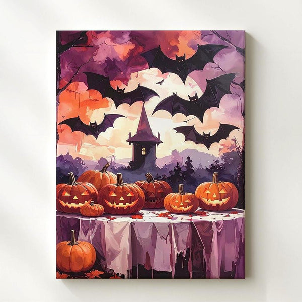 Dramatic Jack-o’-Lantern Display Canvas – Vampire Bats & Dark Forest Art - Gifitto