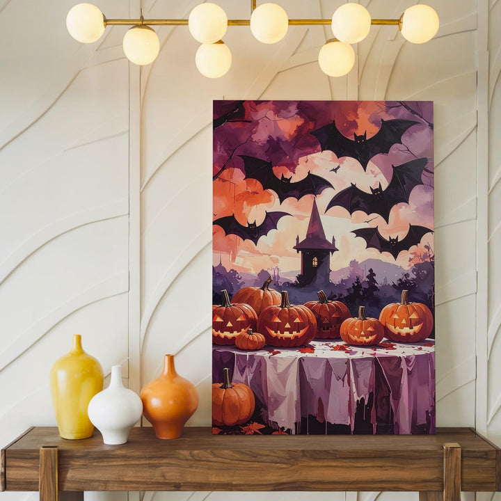 Dramatic Jack-o’-Lantern Display Canvas – Vampire Bats & Dark Forest Art - Gifitto