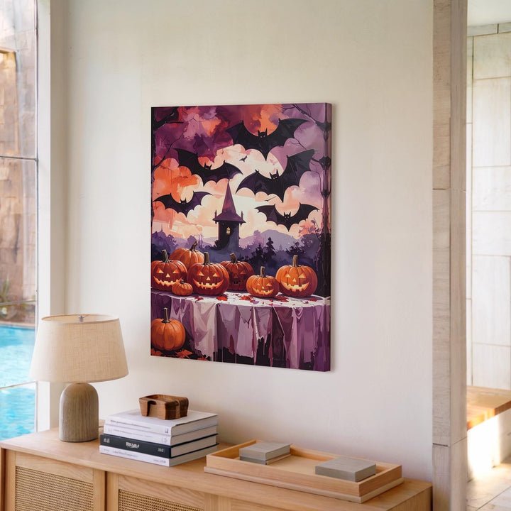 Dramatic Jack-o’-Lantern Display Canvas – Vampire Bats & Dark Forest Art - Gifitto
