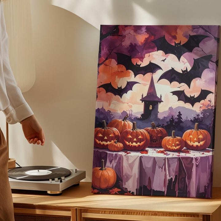 Dramatic Jack-o’-Lantern Display Canvas – Vampire Bats & Dark Forest Art - Gifitto