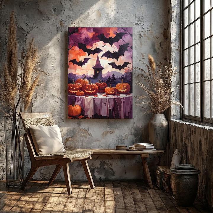 Dramatic Jack-o’-Lantern Display Canvas – Vampire Bats & Dark Forest Art - Gifitto