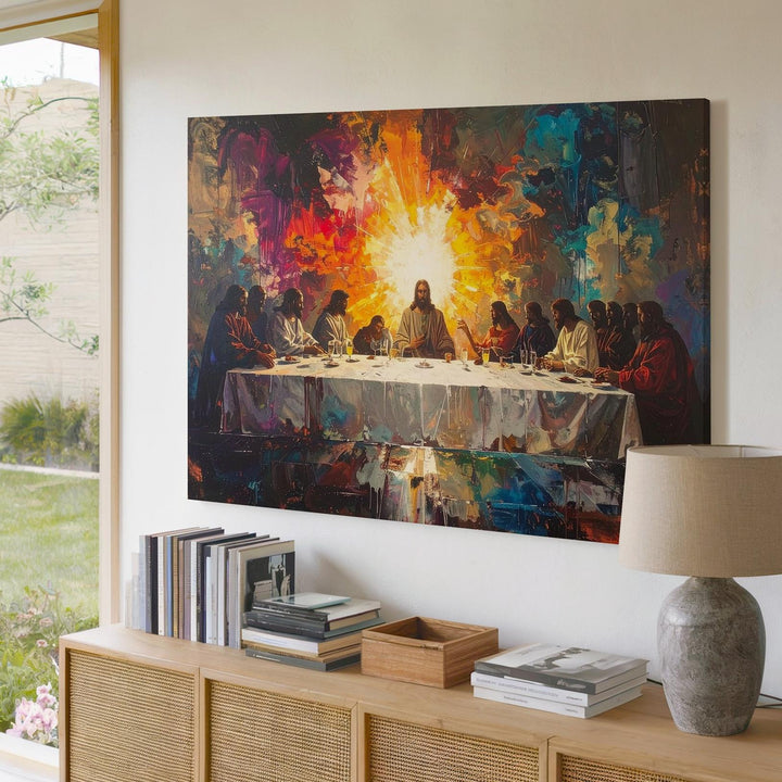 Abstract Last Supper Canvas – Modern Vivid Haloed Reimagining of Jesus & Apostles - Gifitto