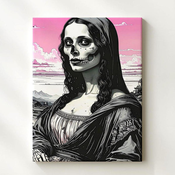 Skeleton Mona Lisa Canvas – Pink Surreal Halloween Parody Wall Art - Gifitto