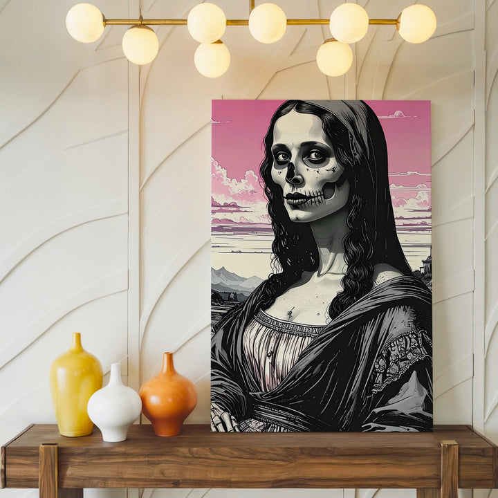 Skeleton Mona Lisa Canvas – Pink Surreal Halloween Parody Wall Art - Gifitto