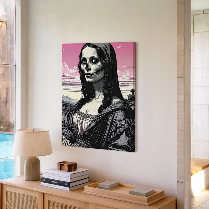 Skeleton Mona Lisa Canvas – Pink Surreal Halloween Parody Wall Art - Gifitto