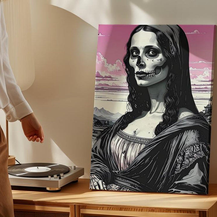 Skeleton Mona Lisa Canvas – Pink Surreal Halloween Parody Wall Art - Gifitto