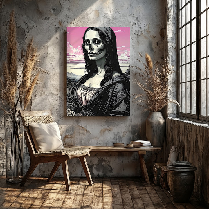 Skeleton Mona Lisa Canvas – Pink Surreal Halloween Parody Wall Art - Gifitto