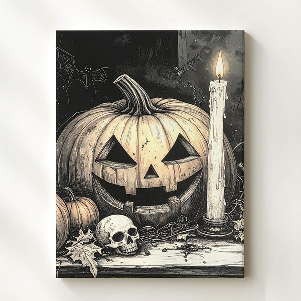 Etched Halloween Still Life Canvas – Sepia Jack-o'-Lantern, Skull & Candle Art - Gifitto