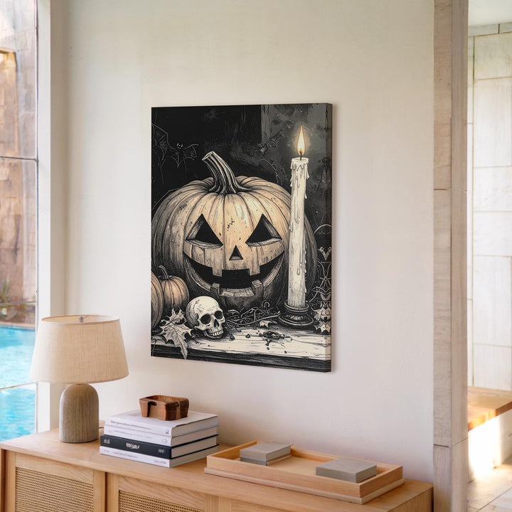 Etched Halloween Still Life Canvas – Sepia Jack-o'-Lantern, Skull & Candle Art - Gifitto