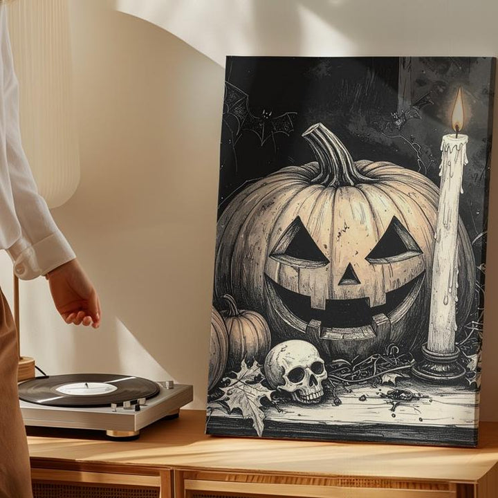 Etched Halloween Still Life Canvas – Sepia Jack-o'-Lantern, Skull & Candle Art - Gifitto