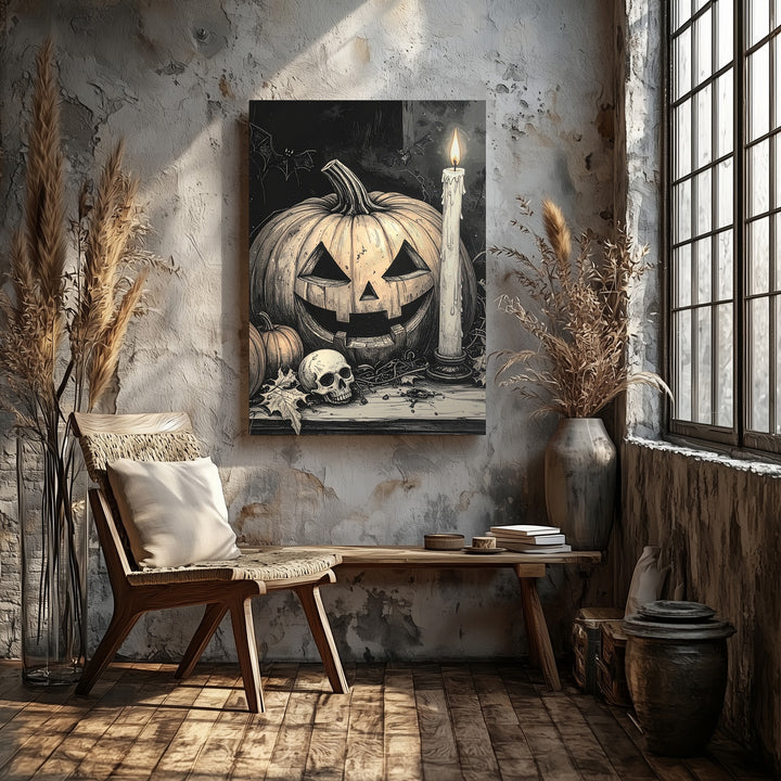 Etched Halloween Still Life Canvas – Sepia Jack-o'-Lantern, Skull & Candle Art - Gifitto