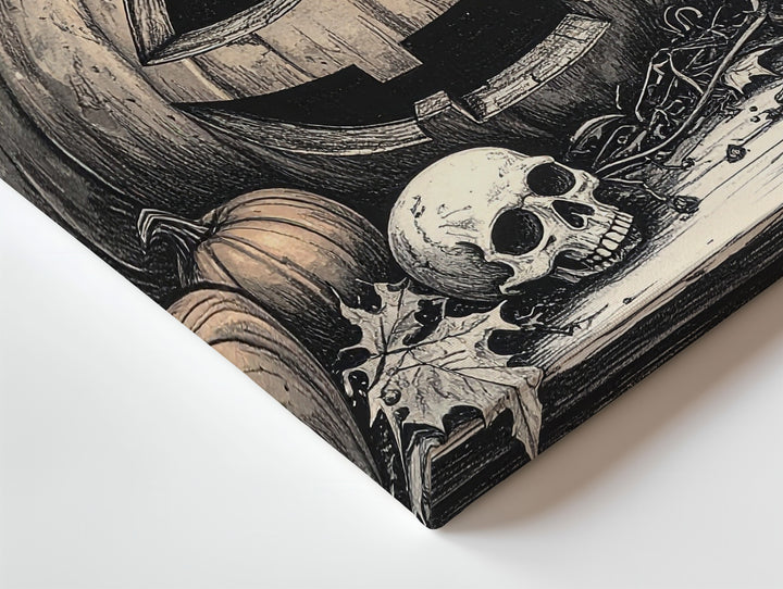 Etched Halloween Still Life Canvas – Sepia Jack-o'-Lantern, Skull & Candle Art - Gifitto