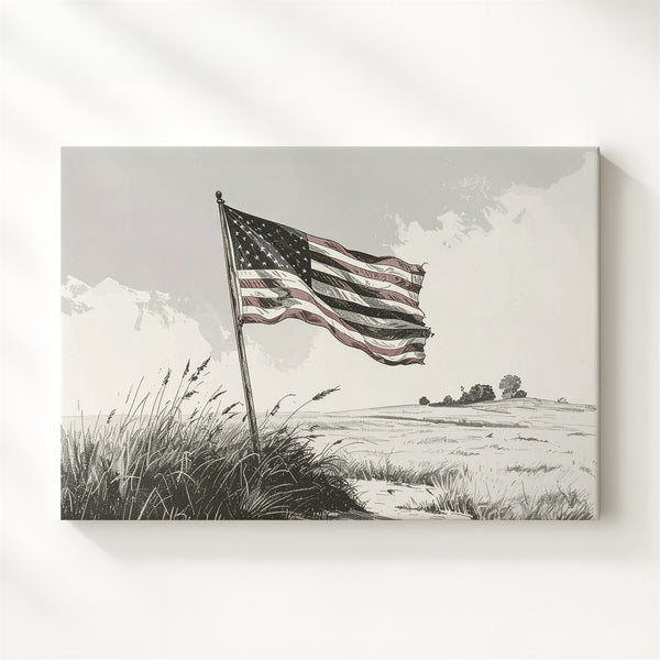 Monochrome Flag in Grass Canvas – Minimalist Freedom Line Art Wall Decor - Gifitto