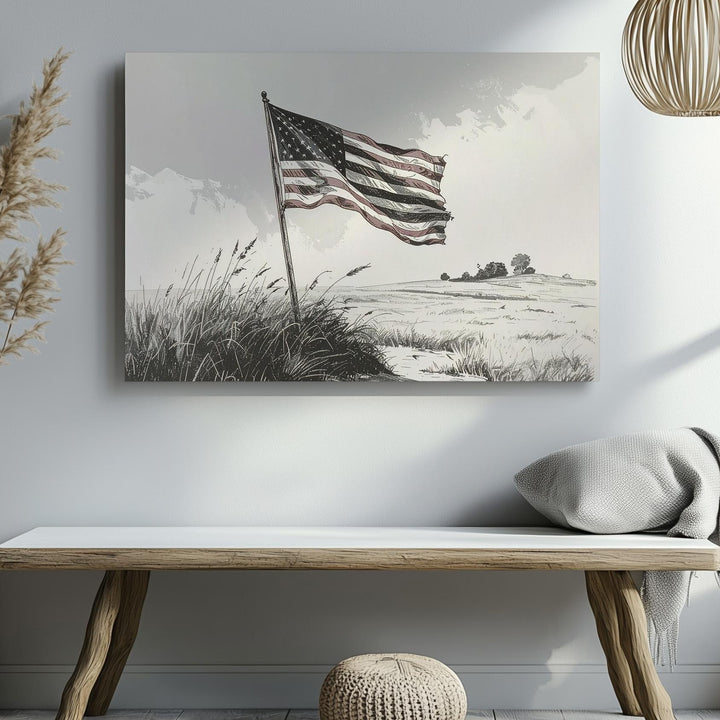 Monochrome Flag in Grass Canvas – Minimalist Freedom Line Art Wall Decor - Gifitto