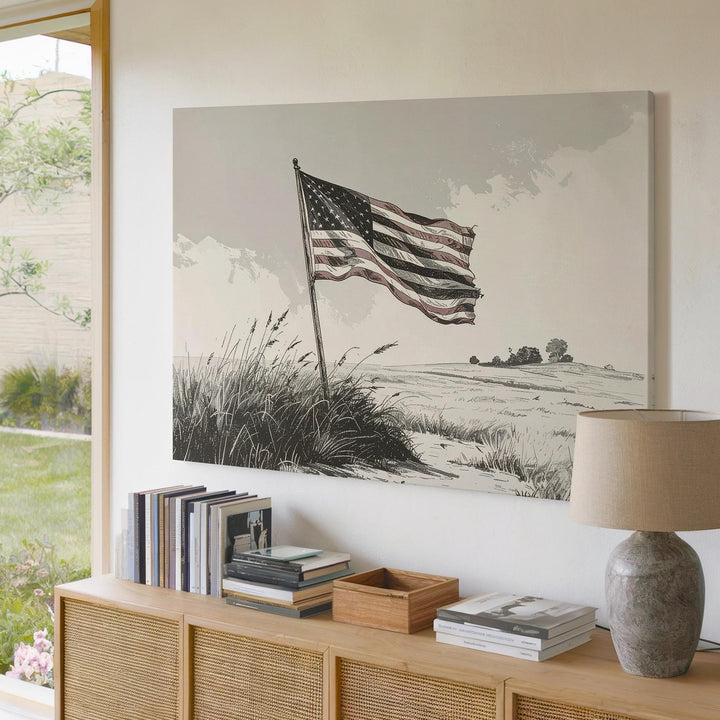 Monochrome Flag in Grass Canvas – Minimalist Freedom Line Art Wall Decor - Gifitto