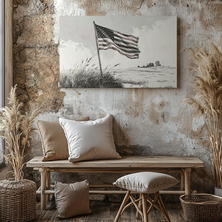 Monochrome Flag in Grass Canvas – Minimalist Freedom Line Art Wall Decor - Gifitto