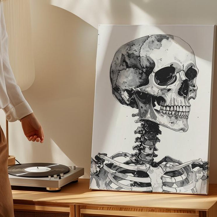 Monochrome Watercolor Skeleton Canvas – Meditative Anatomical Art & Minimal Portrait - Gifitto