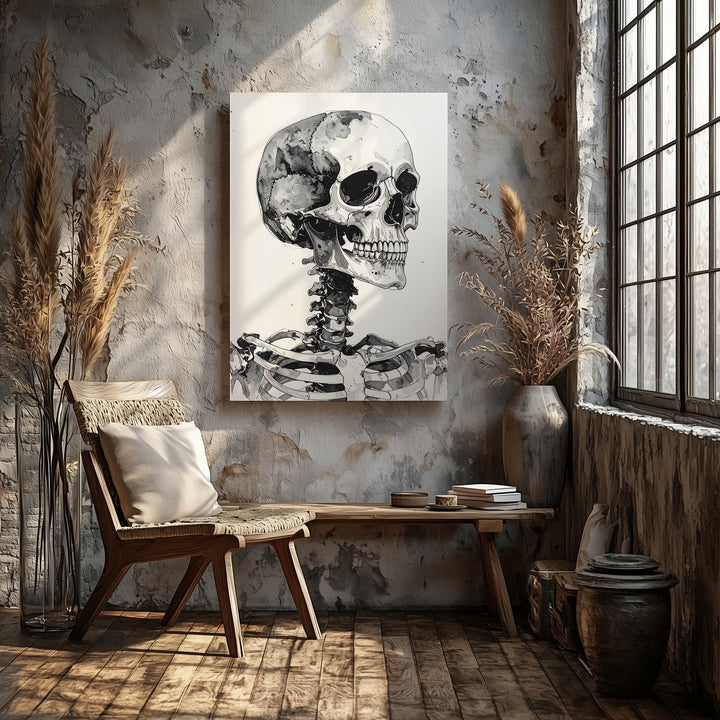 Monochrome Watercolor Skeleton Canvas – Meditative Anatomical Art & Minimal Portrait - Gifitto