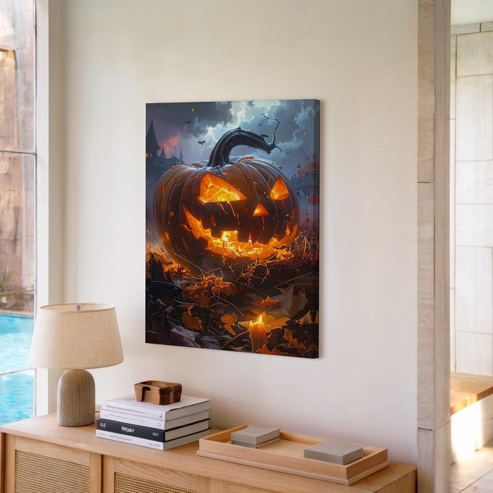 Burning Jack-o’-Lantern Chaos Canvas – Haunted Mansion Halloween Inferno Art - Gifitto