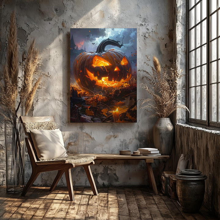 Burning Jack-o’-Lantern Chaos Canvas – Haunted Mansion Halloween Inferno Art - Gifitto