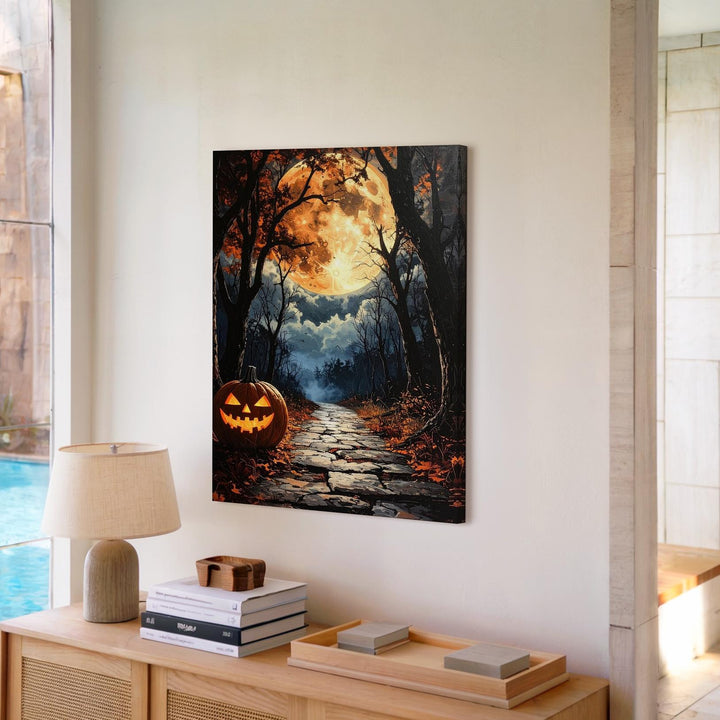 Haunted Forest Pathway Canvas – Moody Halloween Moonlight Art - Gifitto