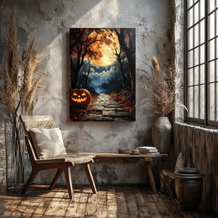 Haunted Forest Pathway Canvas – Moody Halloween Moonlight Art - Gifitto