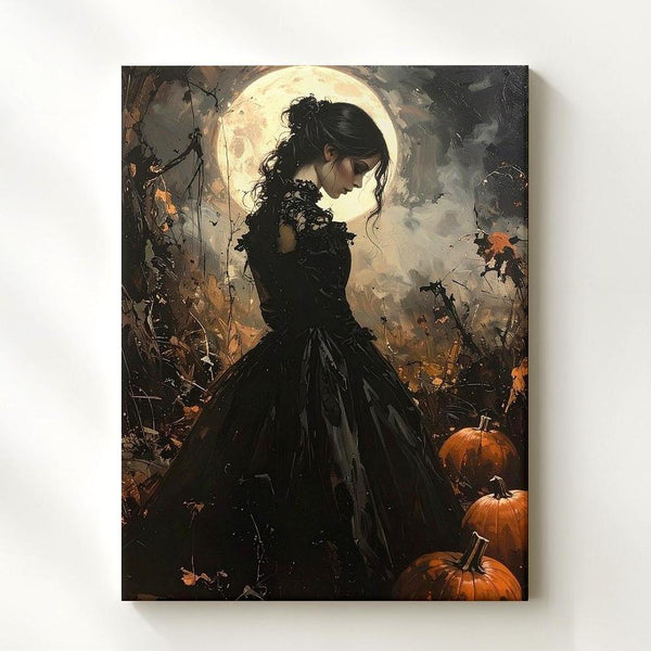 Victorian Woman & Moonlit Pumpkins Canvas – Gothic Halloween Elegy Art - Gifitto