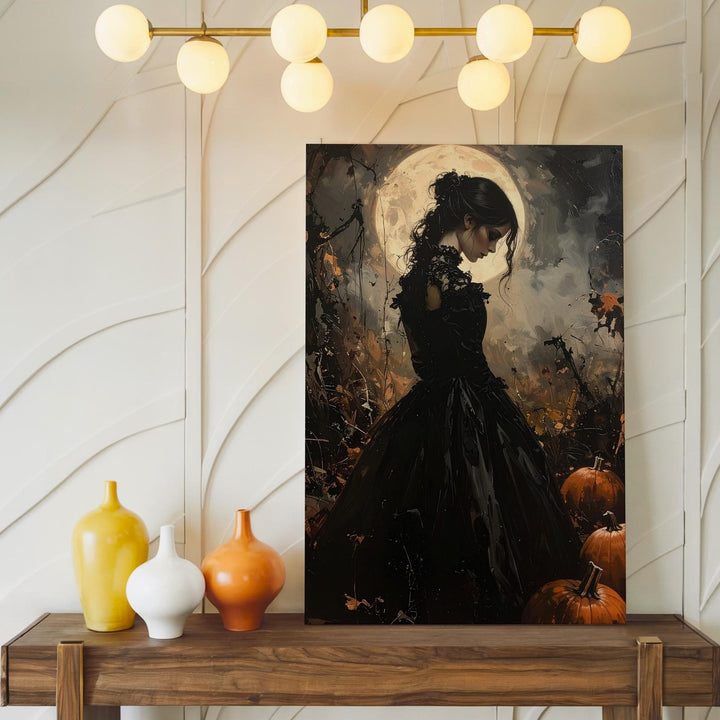 Victorian Woman & Moonlit Pumpkins Canvas – Gothic Halloween Elegy Art - Gifitto