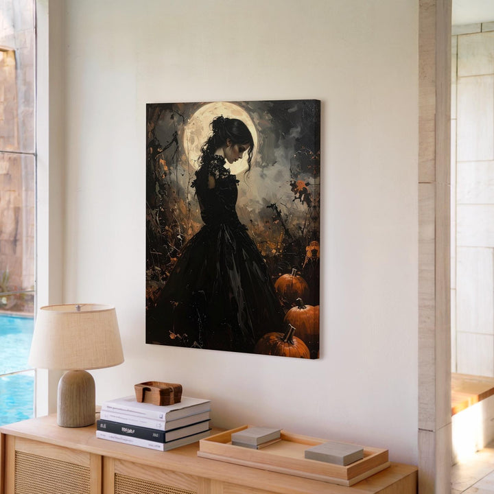 Victorian Woman & Moonlit Pumpkins Canvas – Gothic Halloween Elegy Art - Gifitto
