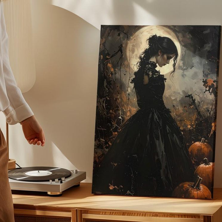 Victorian Woman & Moonlit Pumpkins Canvas – Gothic Halloween Elegy Art - Gifitto