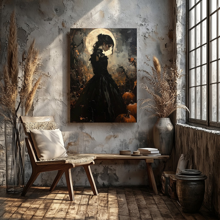 Victorian Woman & Moonlit Pumpkins Canvas – Gothic Halloween Elegy Art - Gifitto