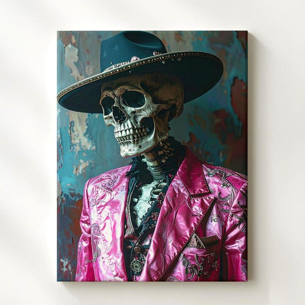 Gothic Mariachi Skeleton Canvas – Moody Portrait in Pink Jacket & Wide Hat - Gifitto