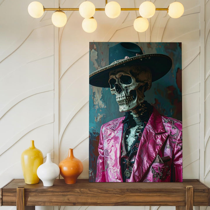 Gothic Mariachi Skeleton Canvas – Moody Portrait in Pink Jacket & Wide Hat - Gifitto