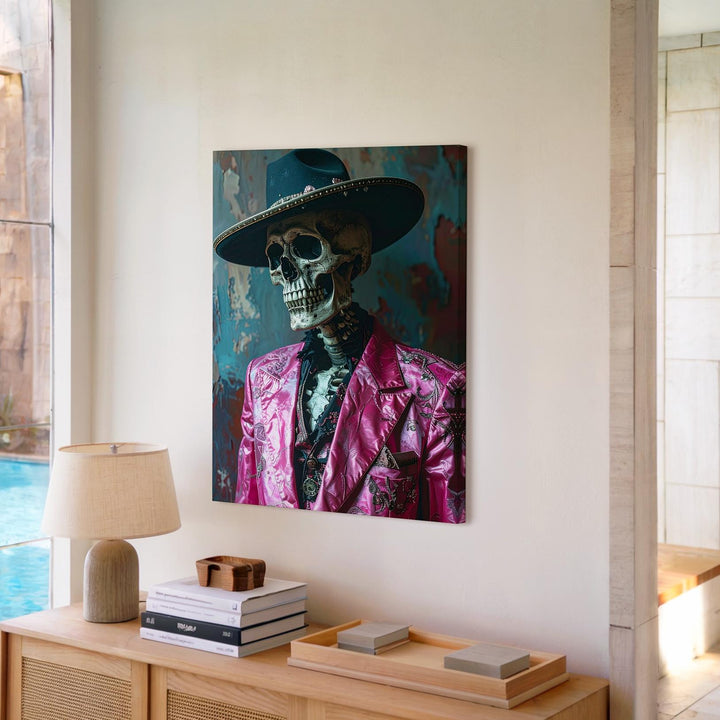 Gothic Mariachi Skeleton Canvas – Moody Portrait in Pink Jacket & Wide Hat - Gifitto