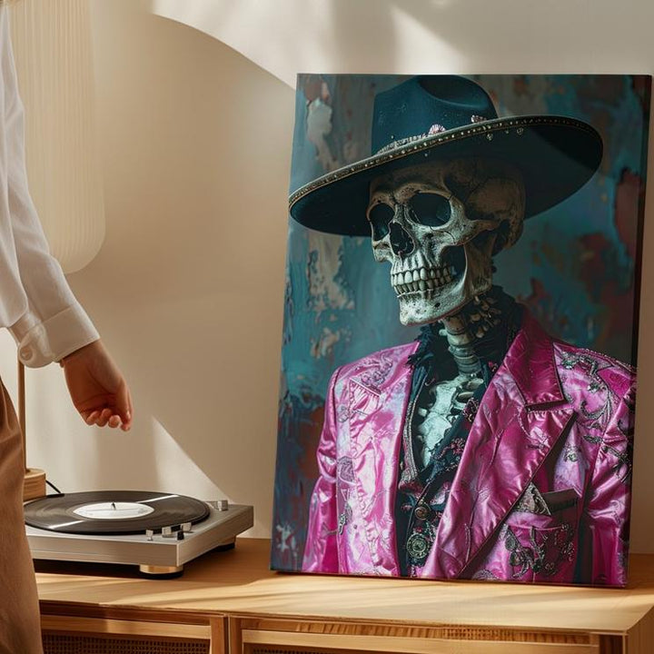 Gothic Mariachi Skeleton Canvas – Moody Portrait in Pink Jacket & Wide Hat - Gifitto