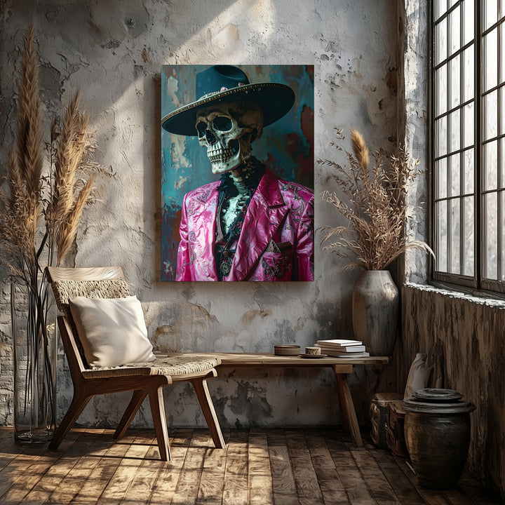 Gothic Mariachi Skeleton Canvas – Moody Portrait in Pink Jacket & Wide Hat - Gifitto