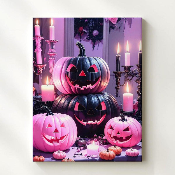 Black & Pink Jack-O’-Lantern Still Life Canvas – Gothic Halloween Candlelit Art - Gifitto