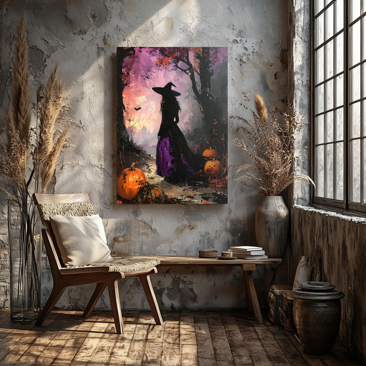 Enchanted Forest Witch Canvas – Moody Purple Halloween Wall Art - Gifitto