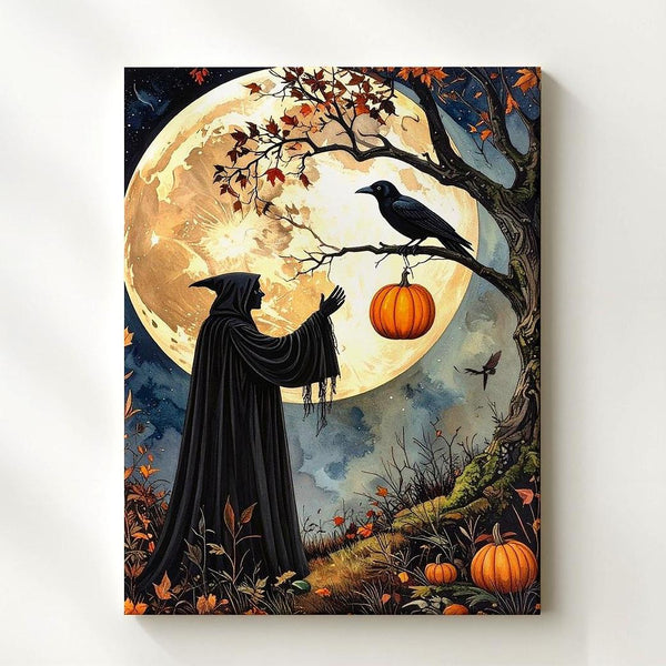 Cloaked Witch & Crow Canvas – Gothic Forest Ritual Halloween Art - Gifitto
