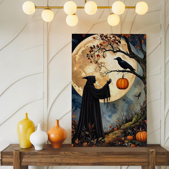 Cloaked Witch & Crow Canvas – Gothic Forest Ritual Halloween Art - Gifitto