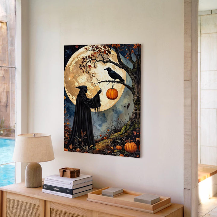 Cloaked Witch & Crow Canvas – Gothic Forest Ritual Halloween Art - Gifitto
