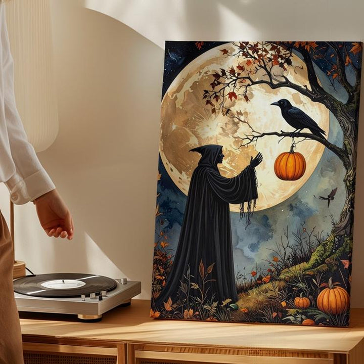 Cloaked Witch & Crow Canvas – Gothic Forest Ritual Halloween Art - Gifitto