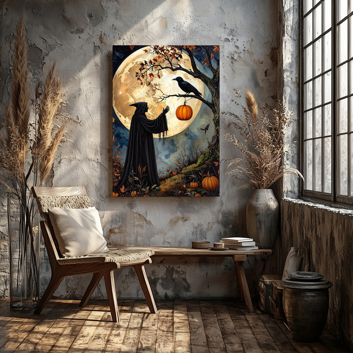 Cloaked Witch & Crow Canvas – Gothic Forest Ritual Halloween Art - Gifitto