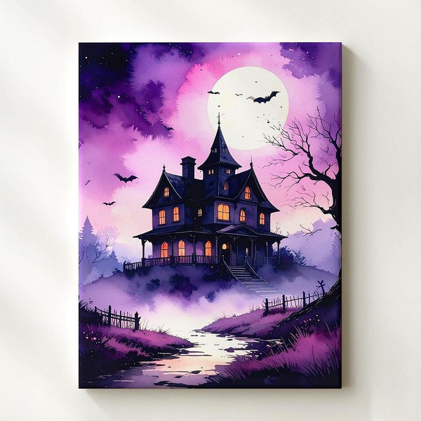 Purple Fog Haunted Mansion Canvas – Fairy Tale Ghost Story Wall Art - Gifitto