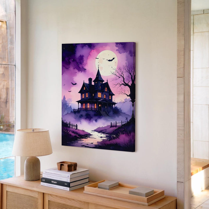 Purple Fog Haunted Mansion Canvas – Fairy Tale Ghost Story Wall Art - Gifitto